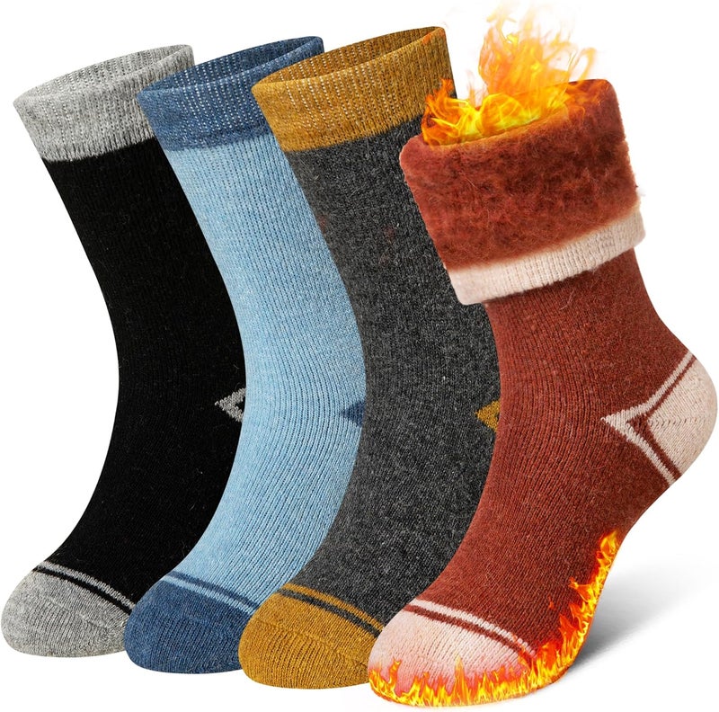 Eyean Kids Wool Heated Hiking Socks Thick Warm Thermal Soft Winter Snowboarding Boy Girls Insulated Socks 4 Pairs - Image 1